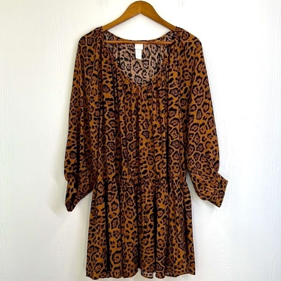 H&M - Brown & Black Cheetah Print Long Sleeve Tunic Tiered Dress Size Medium - Picture 7 of 11